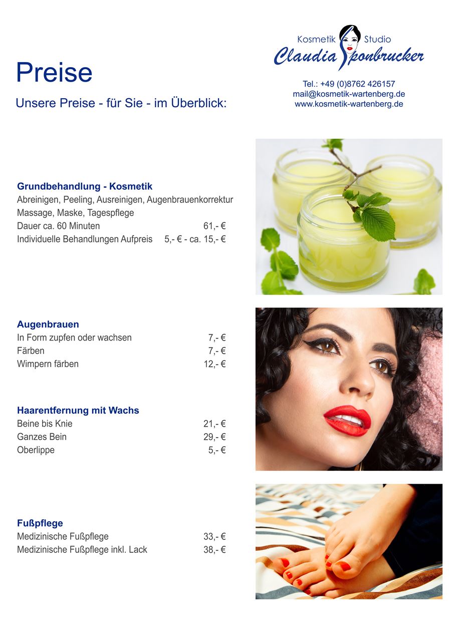 Preisliste Kosmetikstudio Wartenberg, Claudia Sponbrucker